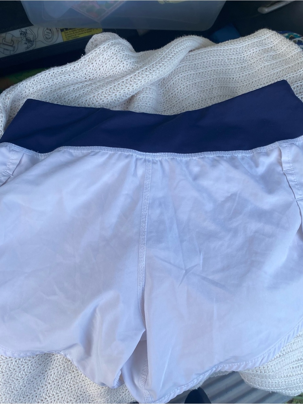 Brooks White Athletic Shorts with Navy Waistband and Multicolor Stripe - Picture 2 of 3
